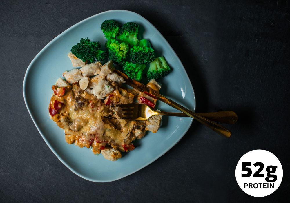 ITR Chicken with mushroom ragout and cheese gratin